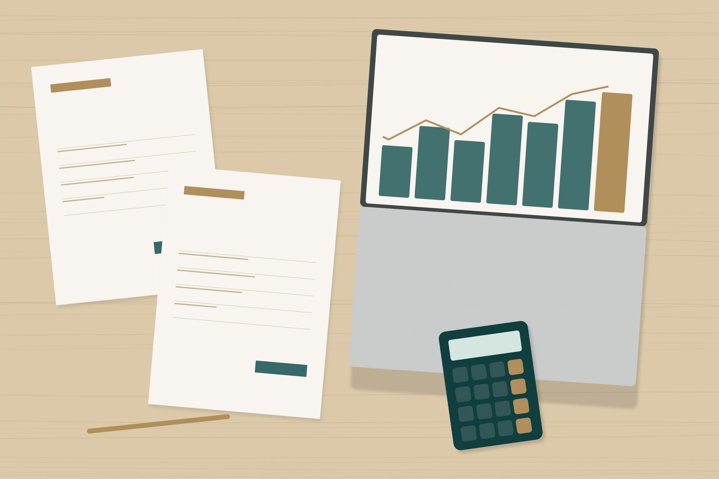 Illustration: printed invoices, a calculator and a laptop showing charts in soft daylight