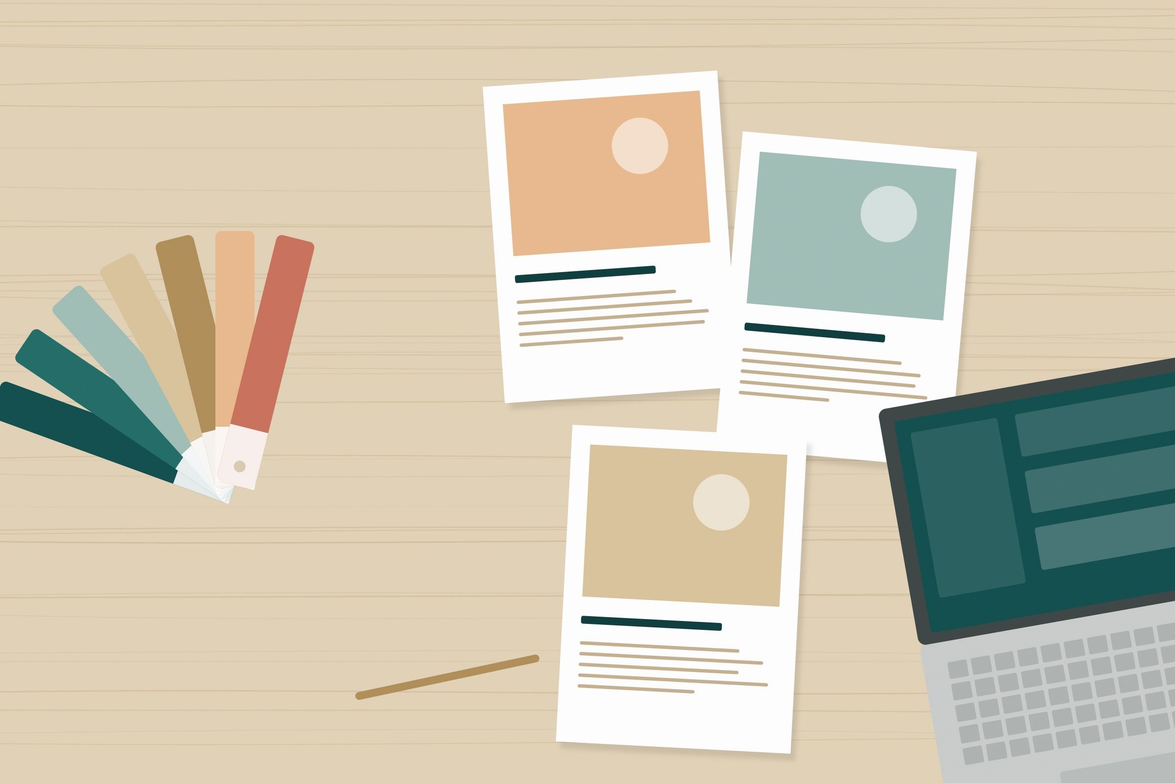 Illustration: a creative studio table with colour swatches, printed layouts and a laptop