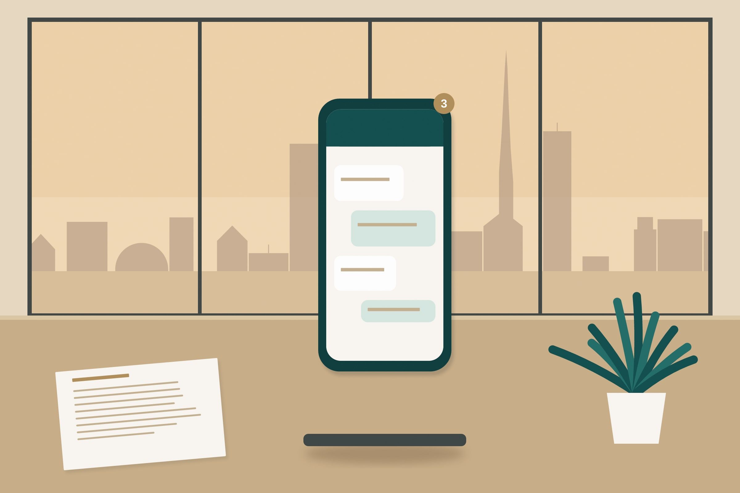 Illustration: a smartphone with new messages on a desk next to a window overlooking the city