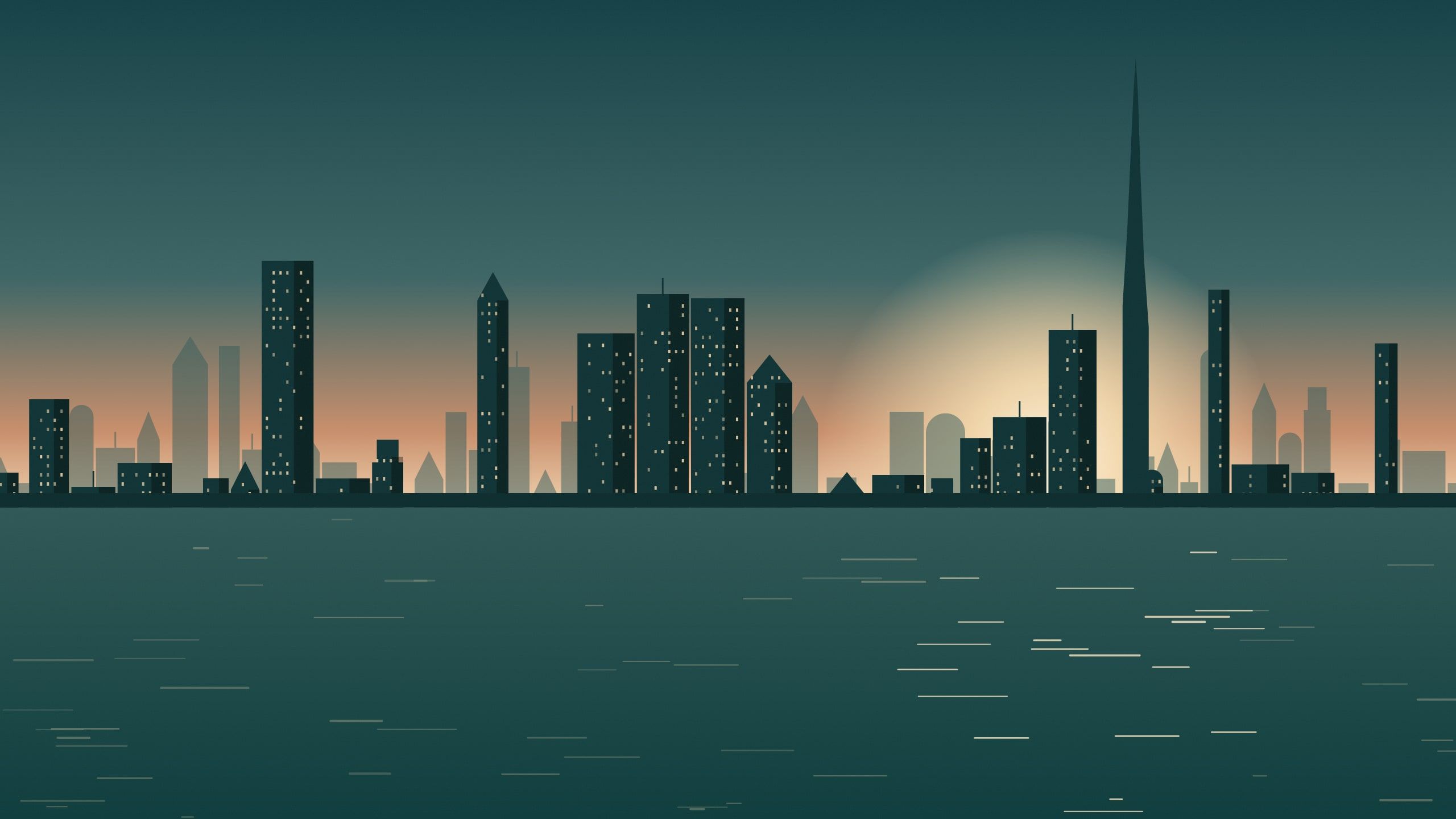 Illustration: city skyline in the United Arab Emirates at dusk, with lights coming on
