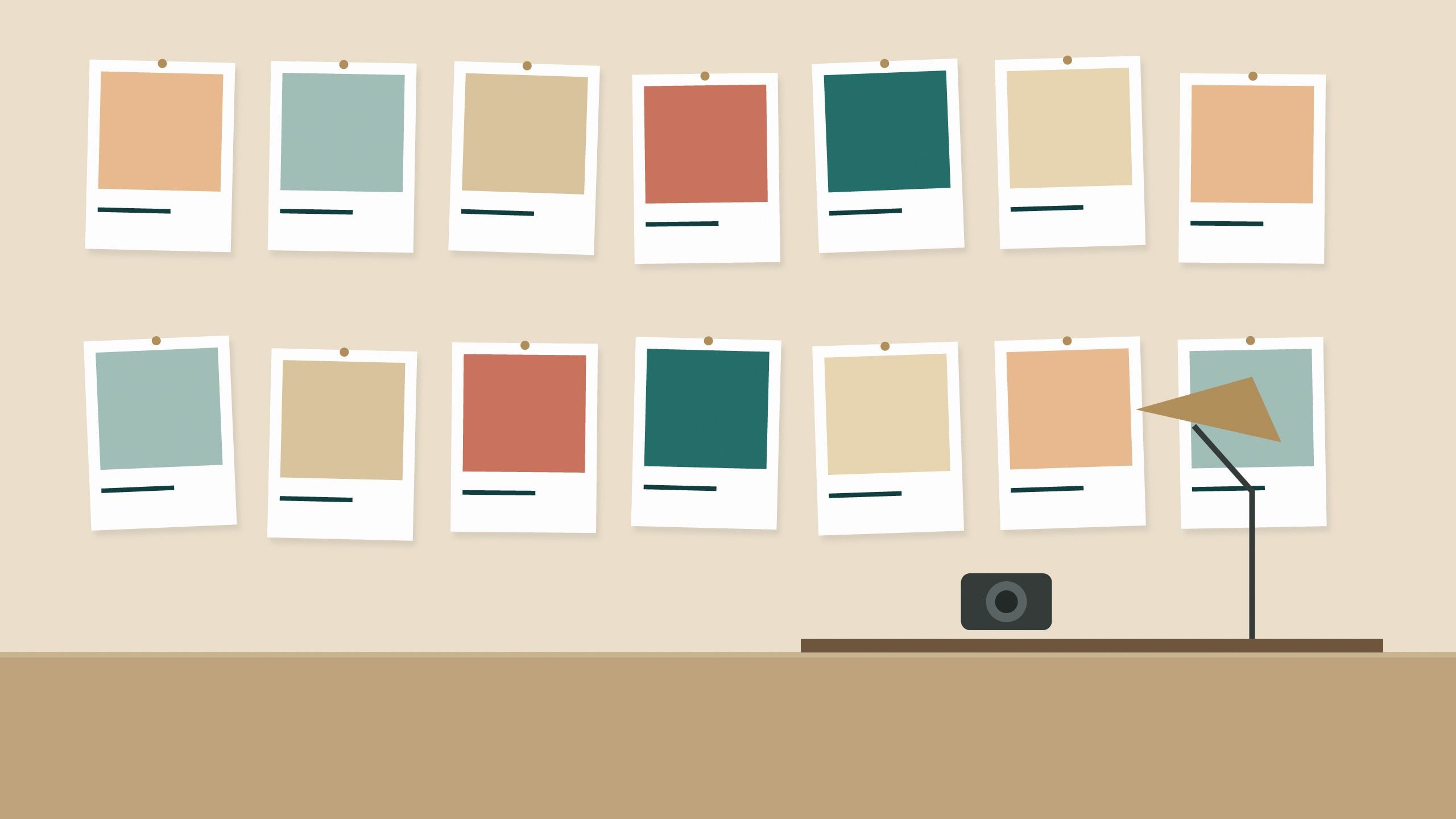 Illustration: a creative studio wall covered with printed campaign layouts and photos