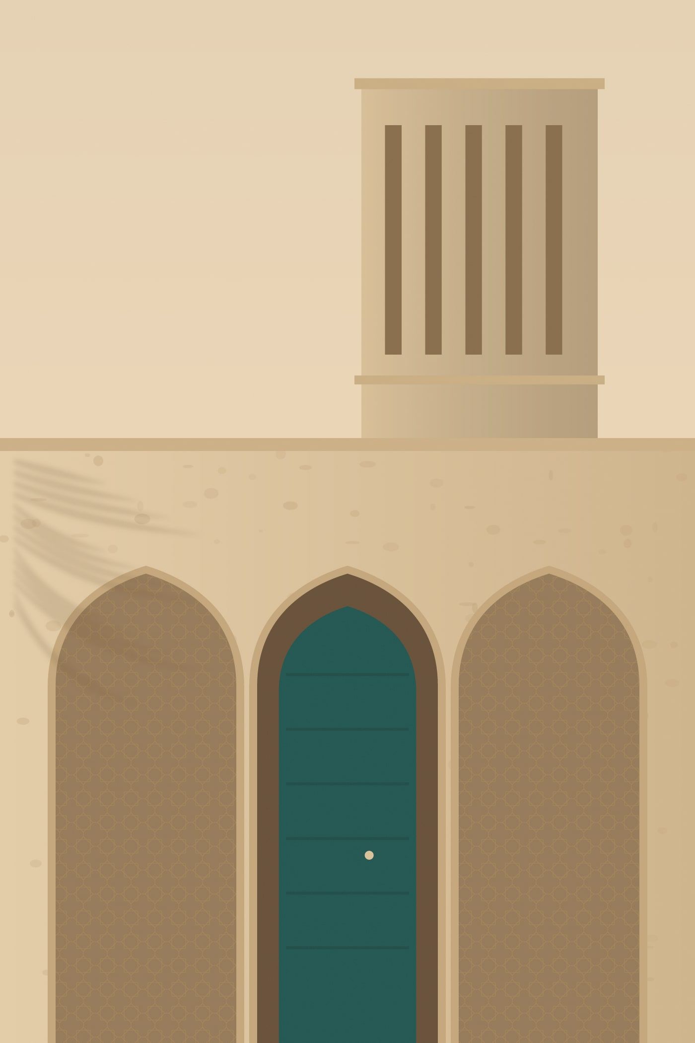Illustration: traditional arches and a wind tower in the heritage area of Sharjah in golden light
