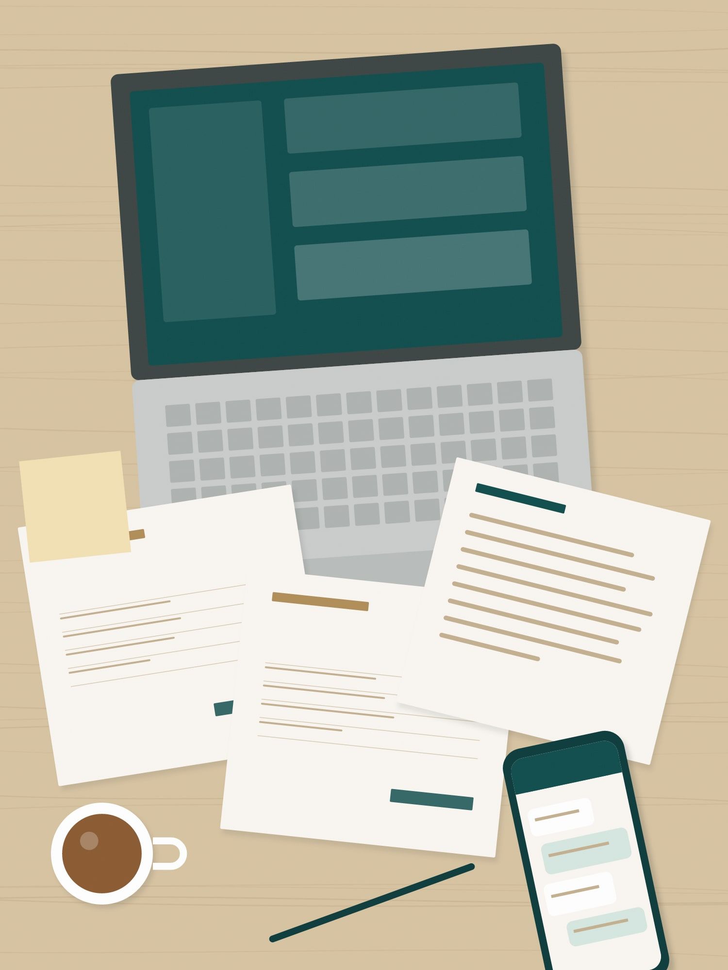 Illustration: a busy desk seen from above with printed invoices, a phone, a notebook and a laptop